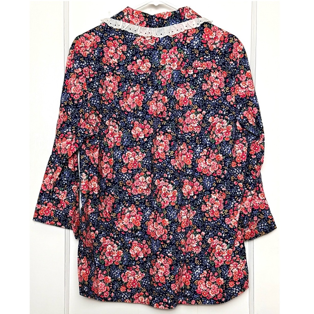 VINTAGE‎ 70s Floral Print Lace Trim Collar Button Up Cottagecore Top Large - Picture 3 of 4